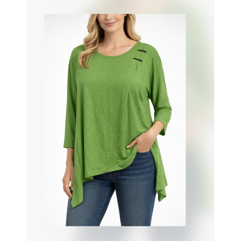 IC by Connie K Tunic Shirt Womens XL Green Asymmetrical Hem 3/4 Sleeve Top Blous
